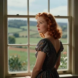 the image is a lost hollywood film still photograph of in this image, a beautiful scottish actress from the 1 9 5 0 s. she is standing in front of a large window, looking out at the stunning scenery. the light is shining in from the window, highlighting her red hair and pale skin. she looks like she is lost in thought, or perhaps daydreaming. vibrant cinematography, anamor
