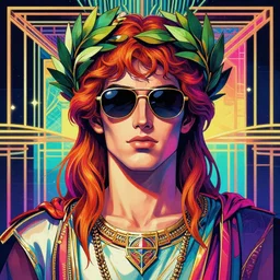 synthwave outrun art - deco colorful portrait of glamor greek god zeus | wearing sunglasses and a laurel wreath | highly detailed | very intricate | symmetrical | professional model | cinematic lighting | award - winning | painted by donato giancola and mandy jurgens and charlie bowater | bold colors, anime aesthestic, 8 0 s nostalgia | featured on artstation