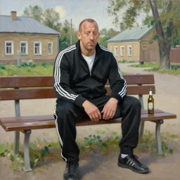 vin diesel in black adidas tracksuit sits on a bench with a bottle of beer in the courtyard of a provincial russian town, oil on canvas, naturalism