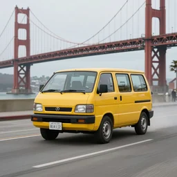 photo of a yellow Hijet van drifting through the san francisco bridge. 70mm photography