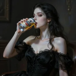 fantasy goddess of death, pale lady in a black dress, drinking a can hamm's beer. art station digital, hyper realistic