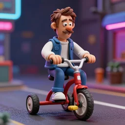 hyperrealism steve buscemi riding a tricycle, light effect, hyper detailed, claymation, cartoon, detailed, realistic materials, sharp focus, synthwave, neon, modern