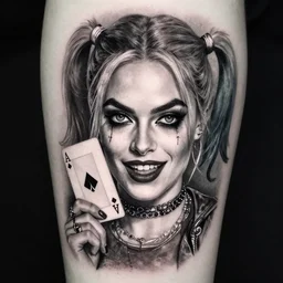 tattoo of margot robbie as harley quinn with sexy eyes, holding an ace card, abstract edges, in the style of den yakovlev, realistic face, black and white, realism tattoo, hyper realistic, highly detailed
