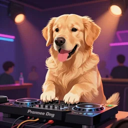 a DJ Golden Retriever playing at a nightclub, digital art