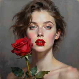 hyperrealism oil painting, fashion model portrait, red lip stains, roses