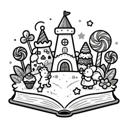 book illustration of a candy land, book illustration, monochromatic, white background, black and white image