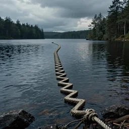 an infinitely long rope zig - zagging across the surface of the water into the distance, floating submerged rope stretching out towards the center of the lake, a dark lake on an overcast day, rocky shore, directed by stanley kubrick, atmospheric, color film, trees in the background, hyper - detailed photo, anamorphic lens