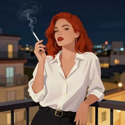 a beautiful artwork portrait of a woman with a white shirt and red hair smoking a cigarette on a hotel balcony at night by Jerome Opeña, featured on artstation