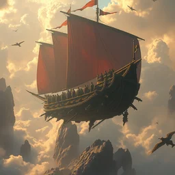 a fantasy flying! ship, stephen bliss, unreal engine, fantasy art by greg rutkowski, loish, rhads, ferdinand knab, makoto shinkai and lois van baarle, ilya kuvshinov, rossdraws, tom bagshaw, alphonse mucha, global illumination, radiant light, detailed and intricate environment