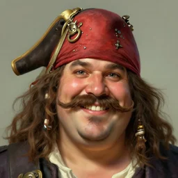 face portrait of an obese chubby friendly smiling pirate with a big bushy mustache moustache, highly detailed, shoulders up, digital painting, artstation, concept art, sharp focus, illustration, art by artgerm and greg rutkowski and alphonse mucha