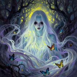 a beautiful terrifying ghost portrait black eyes twisted trees jennie blackpink, floating cloth whirlpool, butterfly hard lighting ethereal horror fantasy art blue skin, purple yellow green, white hues by karol bak raymond swanland, gaston bussiere craig mullins alphonse mucha basil gogos, monet, ruan jia, by wlop, moebius syd mead james jean