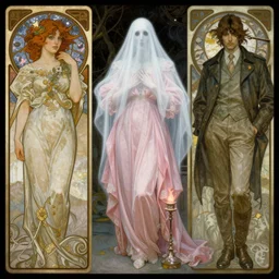 eldritch 1 9 2 0's ghost man in apink dress by stephen gammell and thomas kinkade and alphonse mucha