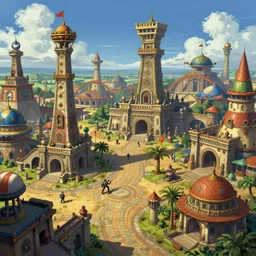 concept art from a amusement park on a old civilization as a scenario background of kof snk 2 0 0 0 by jama jurabaev, cel shaded, cinematic shot, trending on artstation, high quality, brush stroke, amusement park on a old civilization