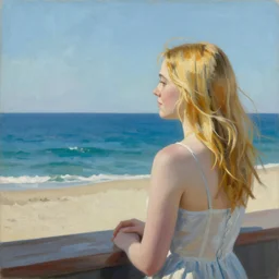 painting of Elle Fanning looking at the ocean, by Edward Hopper