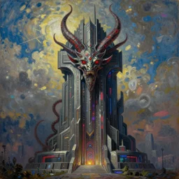 a cyberpunk art deco monument to moloch by greg rutkowski and claude monet, oil on canvas, highly detailed, fine art, high detail, great lighting, 8 k resolution, masterpiece, hdr, 4 k, 8 k, hd