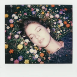 a giant female head resting in a field of multicolored iridescent flowers, polaroid, 1 9 8 0 s, motion blur, bioluminescent, grainy, expired film, aerial view