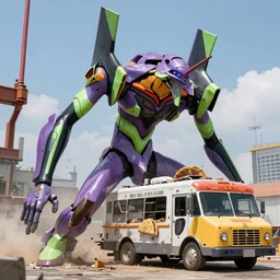 A photograph of a giant evangelion mecha with iridescent skin destroying a taco truck