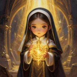 a portrait of girl cleric, magic spell, gold magic, god rays, portal background, fantasy, dungeons and dragons, an ultrafine detailed painting, chibi, detailed painting, boris valejo. octopath traveler decal!!!