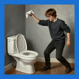 white boy with brown hair and glasses throwing a video game into a toilet, scott wozniak, scott the woz, renaissance painting, blue border