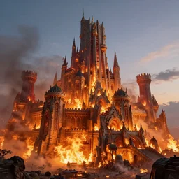 a beautiful hyperrealistic detailed 3 d render of fantasy castles on fire, by anton otto fischer, atey ghailan,, unreal engine, octane render, gigantic, 3 d, brilliantly coloured, intricate, ultra wide angle, trending on artstation, embers, smoke, dust, dusk, volumetric lighting, hdr, polished, micro details, ray tracing, 8 k