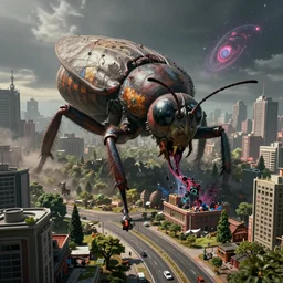 a beautiful high - quality photo of a humongous insect devastating a solarpunk city, devouring souls, roads, pavements, trees, cosmic horror, volumetric lighting, hyperrealistic, very detailed, 8 k