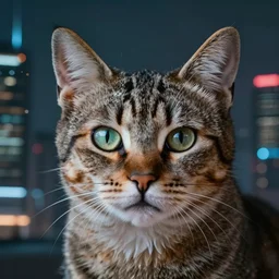 3 5 mm photo of a cat portrait, with a doble exposure, of a futuristic cyberpunk city, ultra realistic, detailed, bokeh, 4 k.
