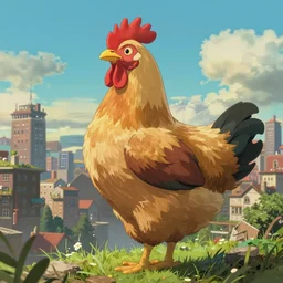 metropolis back of giant chicken, unreal 5 render, studio ghibli, tim hildebrandt, digital art, octane render, beautiful composition, trending on artstation, award - winning photograph, masterpiece