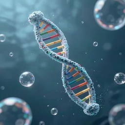 a dna molecule in water surrounded by transparent bubbles, highly detailed, digital painting, artstation, concept art, movie still, smooth, sharp focus uhd 8 k