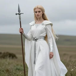 A fair young woman, tall and slender, showing grace and pride. She has long golden hair, and is wearing a white robe girt with silver, holding a 🗡, standing in the plains of Rohan