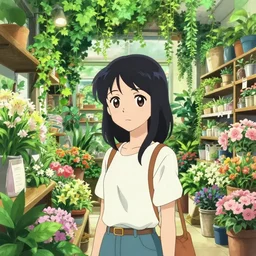 anime portrait of a woman in a florist's store interior shopping with lush overgrowth, ivy, foliage, flowers, cute face by ilya kuvshinov, kyoani, artgerm, krenz cushart, wlop, hiroaki samura, yoshinari yoh, james jean, katsuhiro otomo, loish, cel shaded, anime poster
