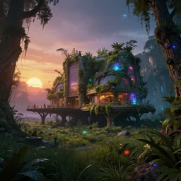 building by pierre de meuron, reclaimed by nature steampunk at night forest hyperrealism apocalyptic galactic magic realism sunset retrowave azeroth junglepunk atlantis neon noir fantasy meadow, archdaily, wallpaper, highly detailed, trending on artstation.