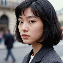 ektachrome, 3 5 mm, highly detailed : incredibly realistic, youthful asian demure, perfect features, feminine cut, beautiful three point perspective extreme closeup 3 / 4 portrait photo in style of chiaroscuro style 1 9 7 0 s frontiers in flight suit cosplay paris street photography vogue fashion edition