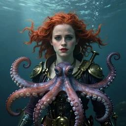 underwater steampunk pirate portrait of emma watson, red hair, octopus, giger, hyper detailed, digital art, cinematic lighting, studio quality, smooth render, unreal engine 5, octane rendered, art style by klimt and nixeu and ian sprigger and wlop and krenz cushart.