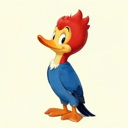 woody woodpecker with red crest and blue onesie, illustrated by walter lantz