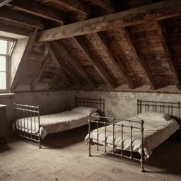 a dusty attic, servants quarters, two small iron beds, 1800s historic photographs