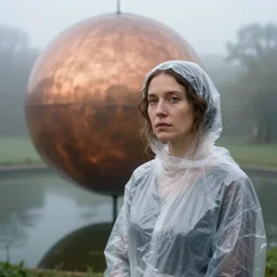 a closeup portrait of a woman wrapped in plastic, standing next to a giant huge levitating copper orb, in a foggy pond, by jan van eyck