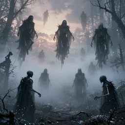 spectres that ride in the sky amongst the foggy clouds of mist, twilight, dreamy sequence, enchanted forest, macabre spectacle, skeletal figures, blizzard, octane, unreal 5, cinematic, vfx, uhd, intricate detail, hyperrealist, sharp, photoshop, polished, edited