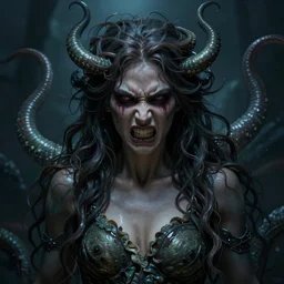 medusa. goddess of anger. long hair. atmospheric moody lighting. scary. highly detailed digital painting by greg rutkowski. sharp focus, 8 k