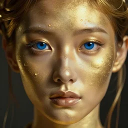 an intricate, detailed face of an android, golden skin with water drops on it, deep blue eyes, studio lighting, artstation, art nouveau
