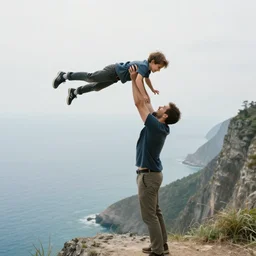 professional photo of a man throwing his adult son off a cliff