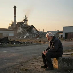 a sad solitary old man looks on as in the evening sunlight as in the distance a factory is demolished, in the style of jessica rossier