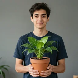 portrait of a young man holding a plant pot