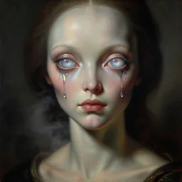 a baroque neoclassicist close - up portrait of a alien woman with big glowing eyes dripping in iridescent futuristic liquid chrome. foggy background. renaissance portrait. highly detailed science fiction painting by norman rockwell, frank frazetta, and syd mead. rich colors, high contrast, gloomy atmosphere, dark background. artstation