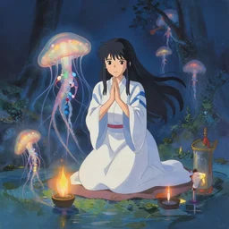 priestess of the jellyfish temple performing ritual rites, painting by Makoto Shinkai