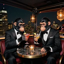 two stylized apes dressed in suits drinking a cocktail on a fancy new york roof top, wide angle filmic shot, fancy club lights. in the style of arcane
