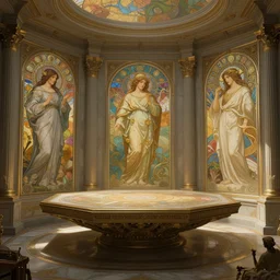 a religious scifi room with a floating platform in the center and elegant, cinematic shot, intricate digital painting artstation concept art smooth sharp focus illustration, art by artgerm and greg rutkowski and alphonse mucha
