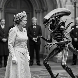 monochrome photograph of queen elizabeth fighting a xenomorph film still
