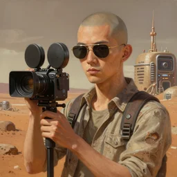 a bald anime boy with small sunglasses in a martian city, on mars, holding cinema camera, detailed realistic shirt, detailed realistic face, photorealistic oil painting, digital art, by charlie bowater, by jeremy lipking, by makoto shinkai, octane render