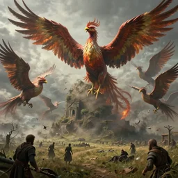 massive hoard of giant phoenix violently terrorising medieval humans on farm, digital art, concept art, morbid, surreal, high quality, trending on artstation, epic composition, 8 k, uhd