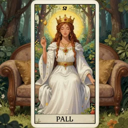 an highly detailed magical empress sitting by herself on a sofa in a forest wearing a white robe drawn by cloverworks studio, elegant and beautiful, tarot card, Tarot card the empress, rich colors